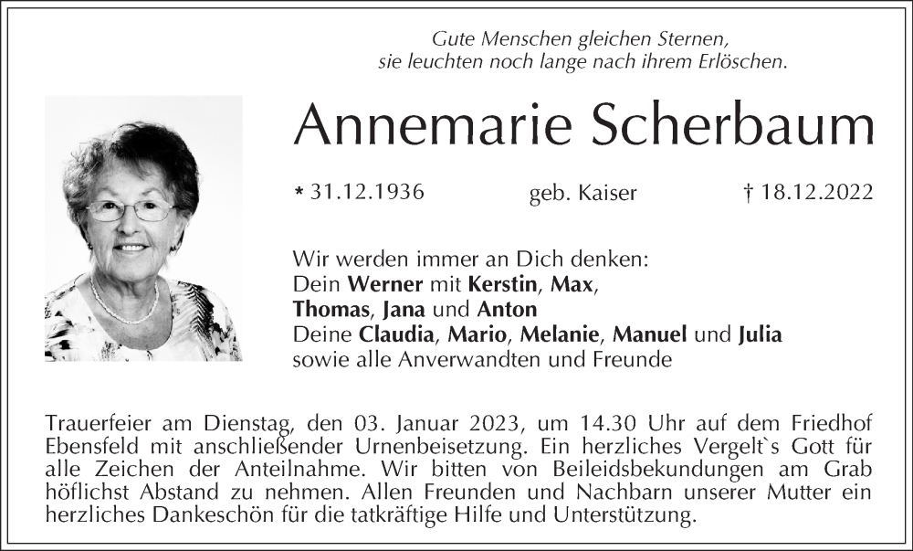  Traueranzeige für Annemarie Scherbaum vom 31.12.2022 aus MGO