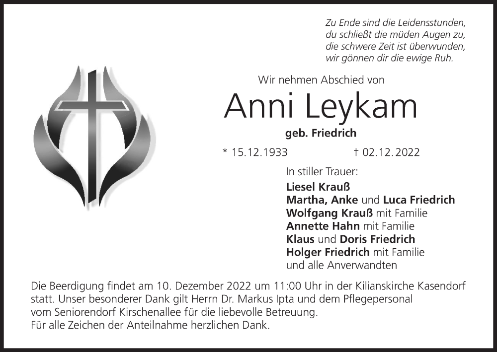  Traueranzeige für Anni Leykam vom 07.12.2022 aus MGO