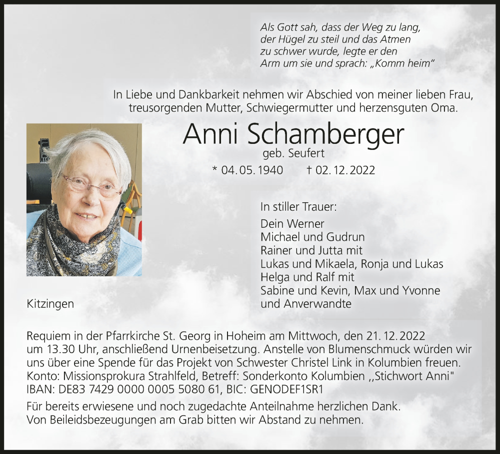  Traueranzeige für Anni Schamberger vom 17.12.2022 aus MGO