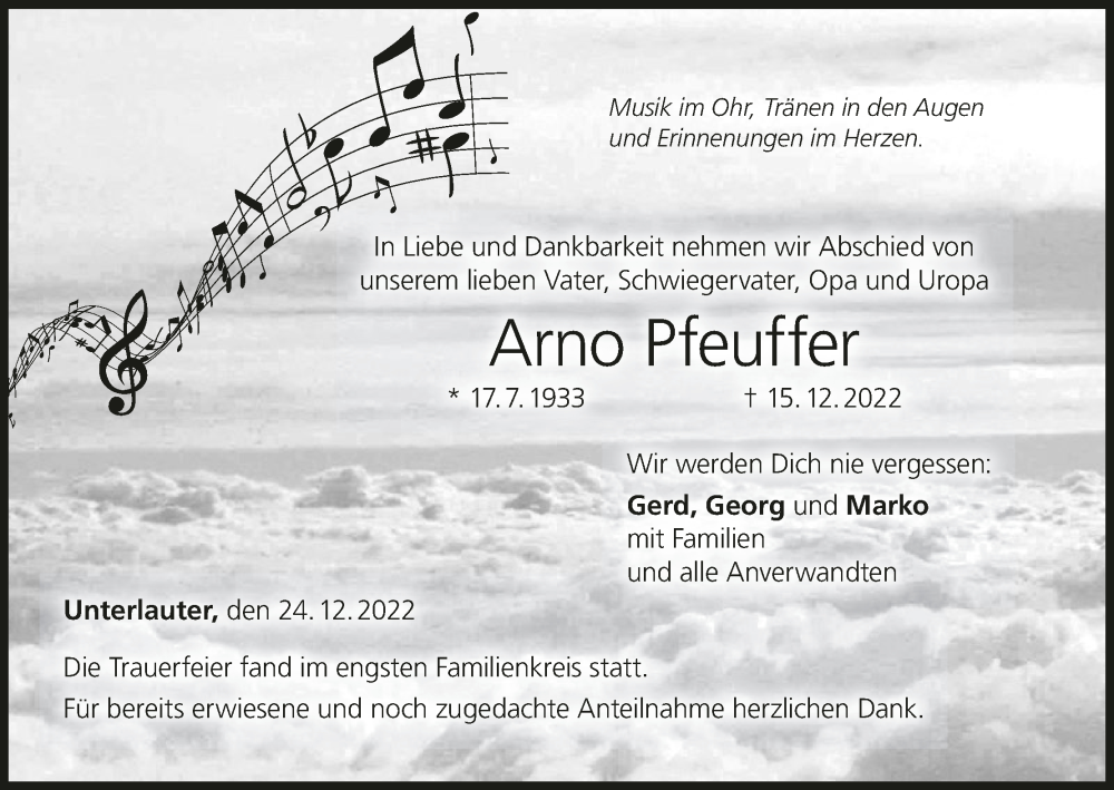  Traueranzeige für Arno Pfeuffer vom 24.12.2022 aus MGO