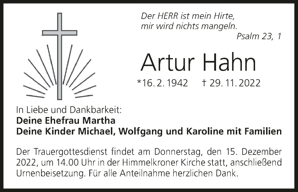  Traueranzeige für Artur Hahn vom 10.12.2022 aus MGO