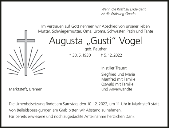 Anzeige von Augusta Vogel von MGO