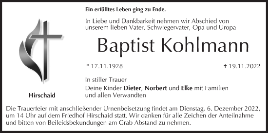 Anzeige von Baptist Kohlmann von MGO