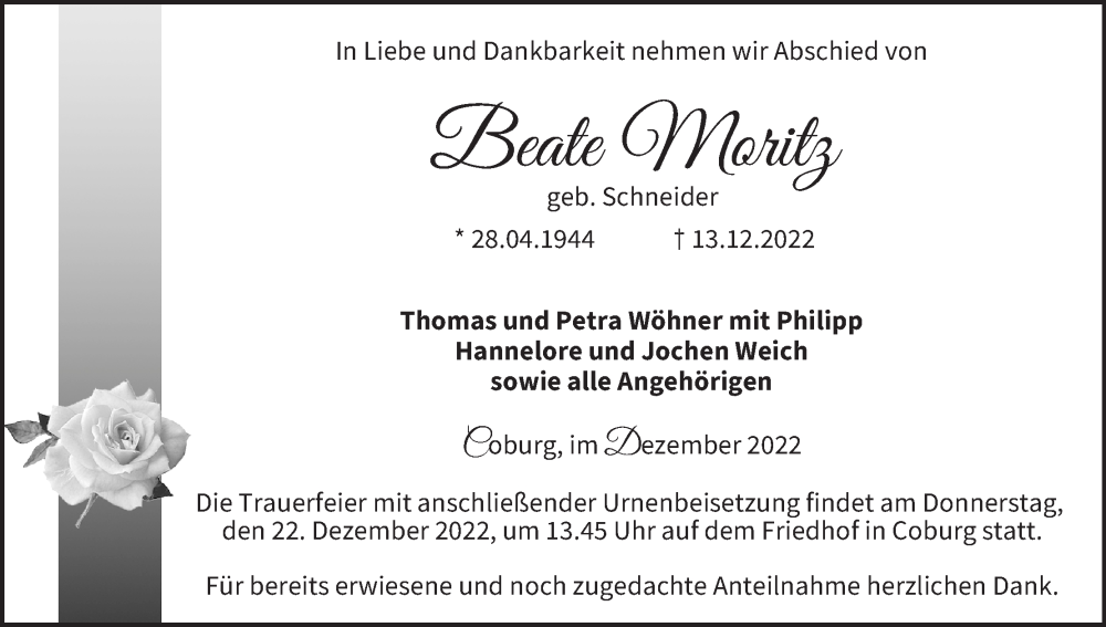  Traueranzeige für Beate Moritz vom 17.12.2022 aus MGO