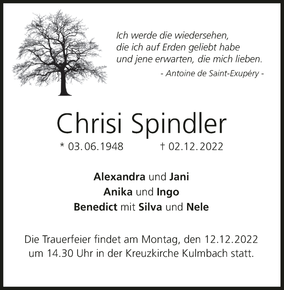  Traueranzeige für Chrisi Spindler vom 07.12.2022 aus MGO