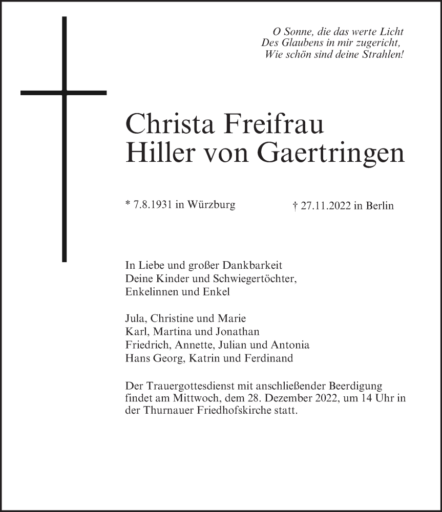  Traueranzeige für Christa Freifrau Hiller von Gaertringen vom 02.12.2022 aus MGO