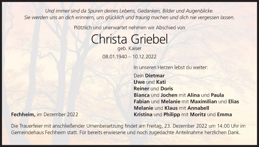 Traueranzeige für Christa Griebel vom 17.12.2022 aus MGO