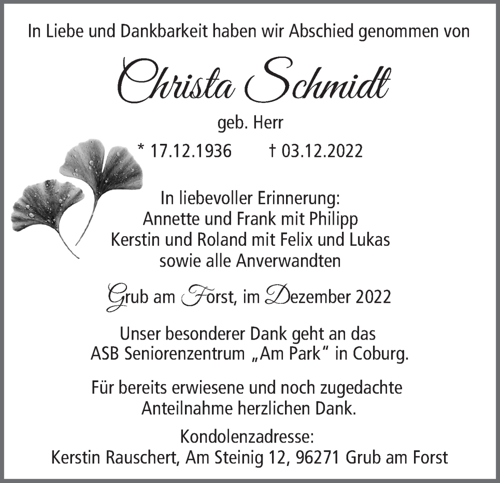  Traueranzeige für Christa Schmidt vom 17.12.2022 aus MGO