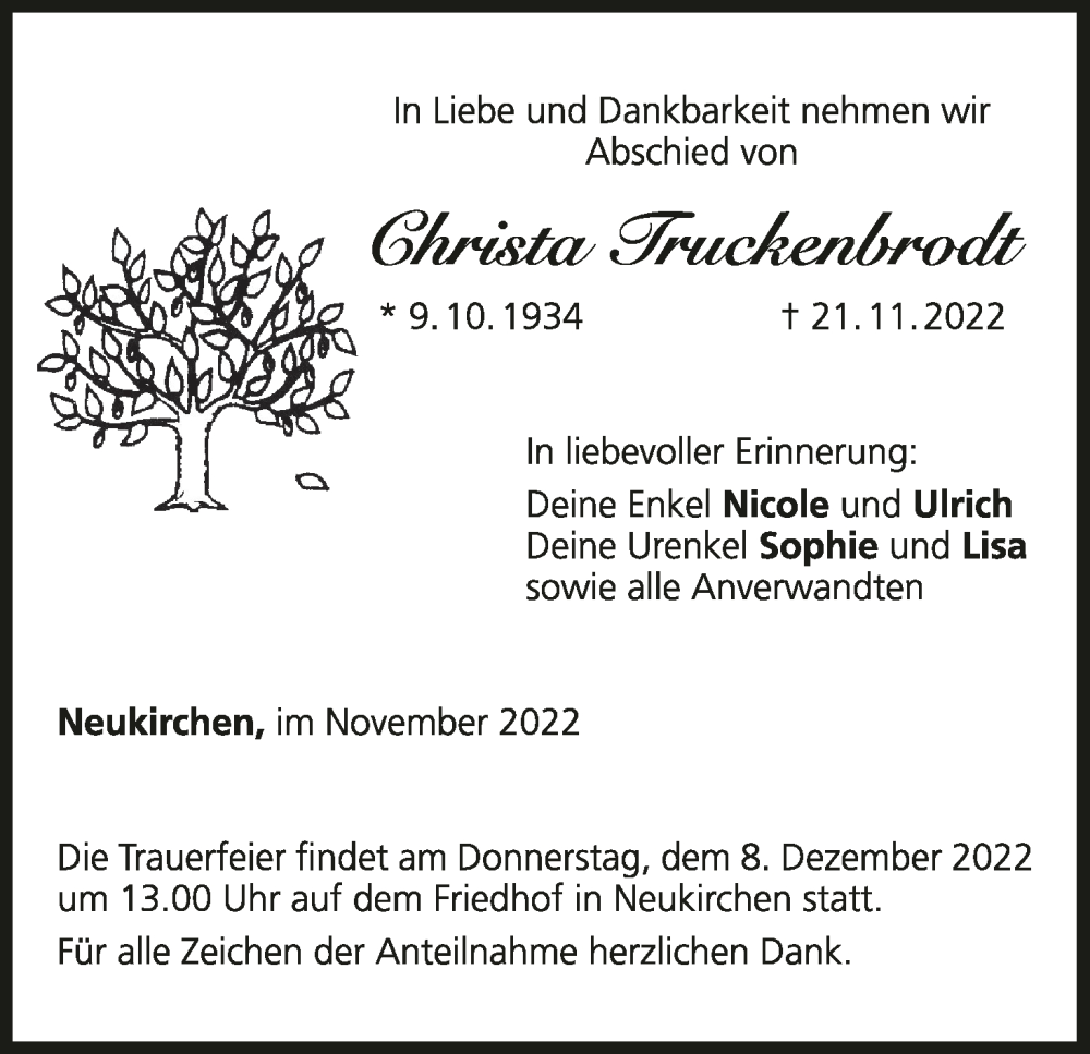  Traueranzeige für Christa Truckenbrodt vom 03.12.2022 aus MGO