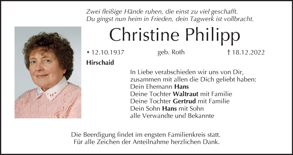  Traueranzeige für Christine Philipp vom 20.12.2022 aus MGO