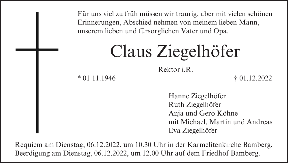  Traueranzeige für Claus Ziegelhöfer vom 03.12.2022 aus MGO