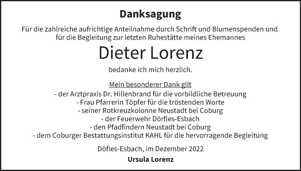 Traueranzeige für Dieter Lorenz vom 10.12.2022 aus MGO