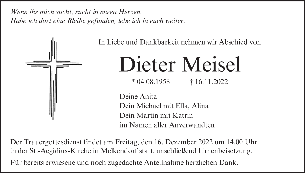  Traueranzeige für Dieter Meisel vom 14.12.2022 aus MGO