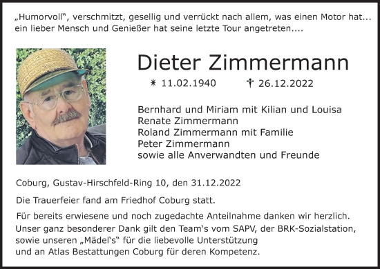 Anzeige von Dieter Zimmermann von MGO