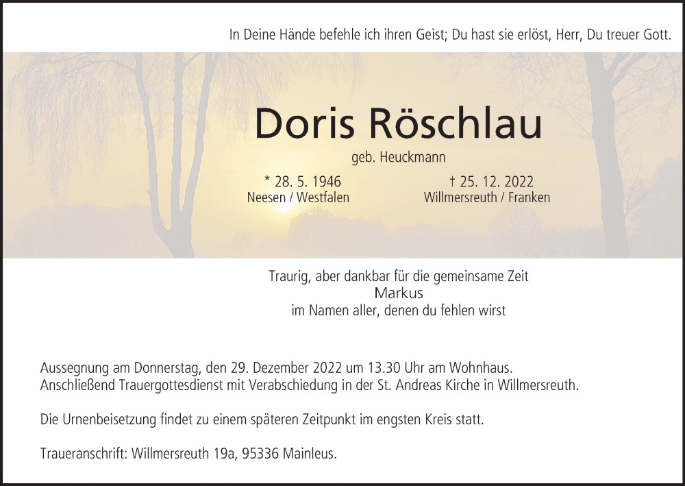  Traueranzeige für Doris Röschlau vom 28.12.2022 aus MGO