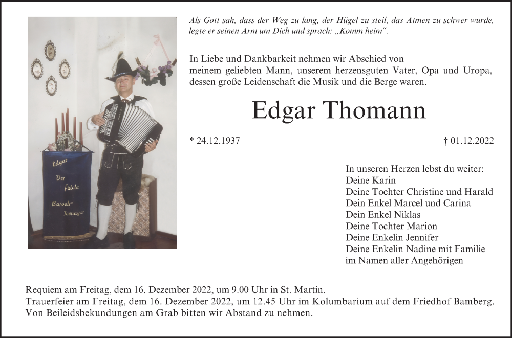  Traueranzeige für Edgar Thomann vom 10.12.2022 aus MGO
