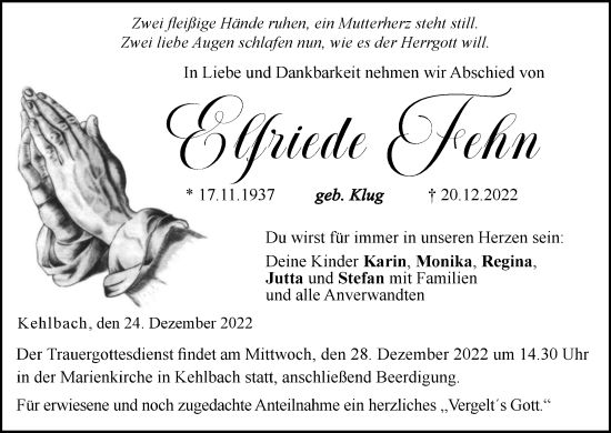 Anzeige von Elfriede Fehn von MGO