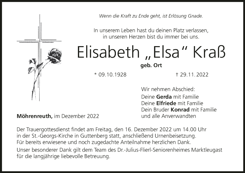  Traueranzeige für Elisabeth Kraß vom 14.12.2022 aus MGO
