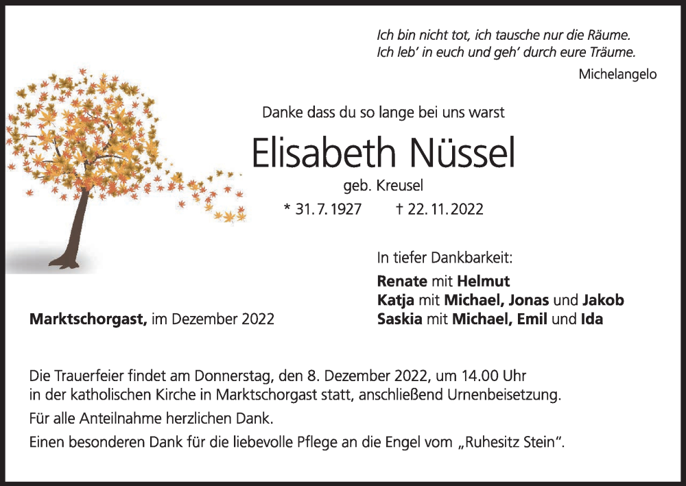  Traueranzeige für Elisabeth Nüssel vom 05.12.2022 aus MGO