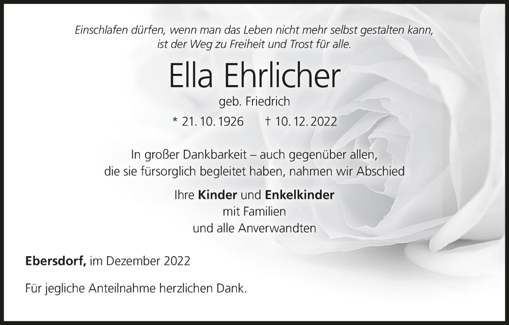  Traueranzeige für Ella Ehrlicher vom 24.12.2022 aus MGO