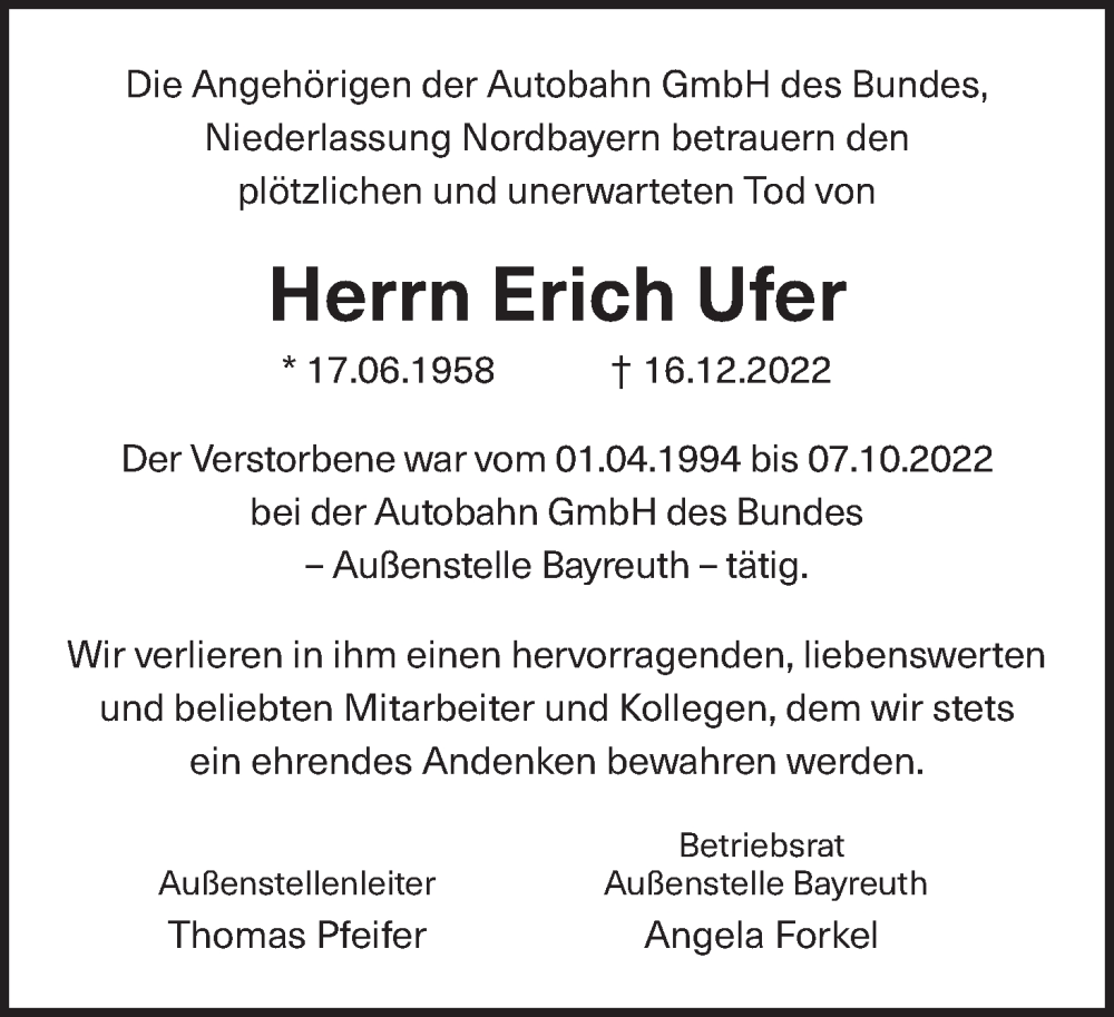  Traueranzeige für Erich Ufer vom 22.12.2022 aus MGO