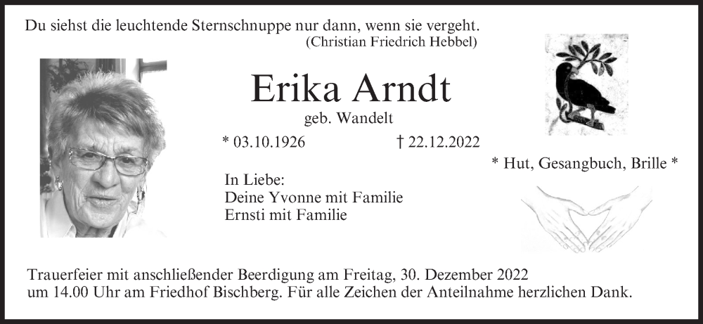  Traueranzeige für Erika Arndt vom 28.12.2022 aus MGO