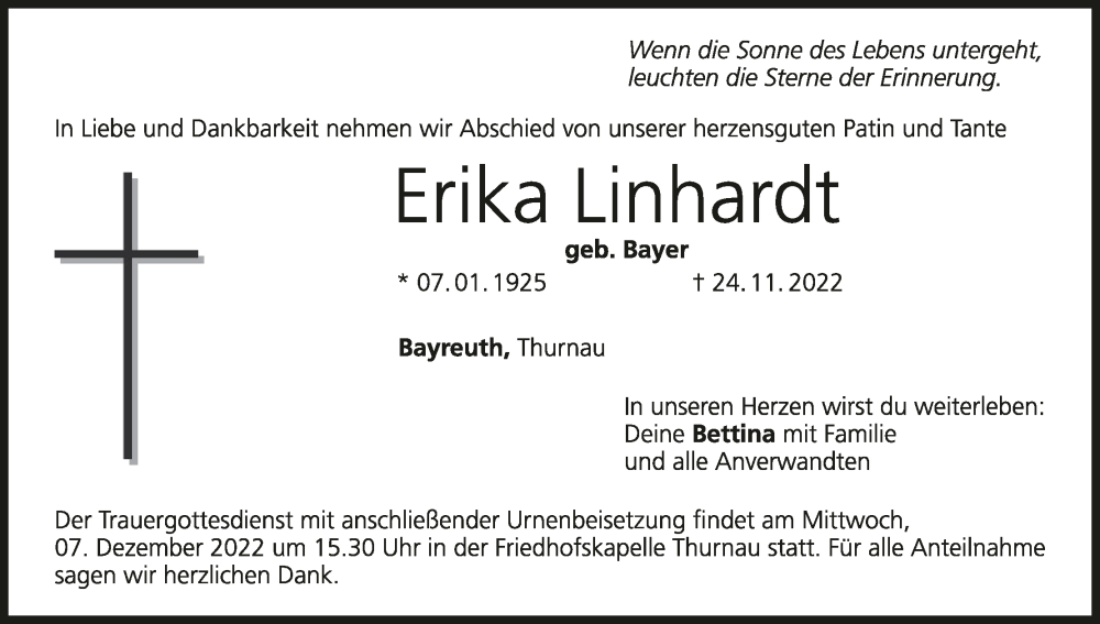  Traueranzeige für Erika Linhardt vom 03.12.2022 aus MGO