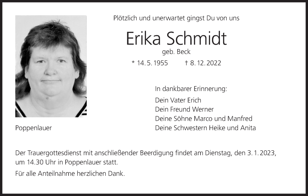  Traueranzeige für Erika Schmidt vom 31.12.2022 aus MGO
