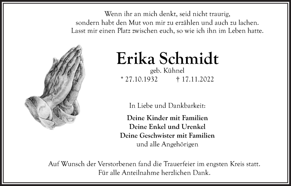  Traueranzeige für Erika Schmidt vom 15.12.2022 aus MGO