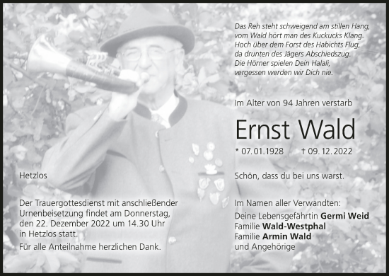 Anzeige von Ernst Wald von MGO