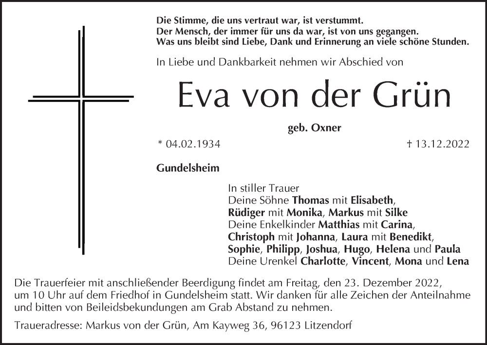  Traueranzeige für Eva von der Grün vom 17.12.2022 aus MGO