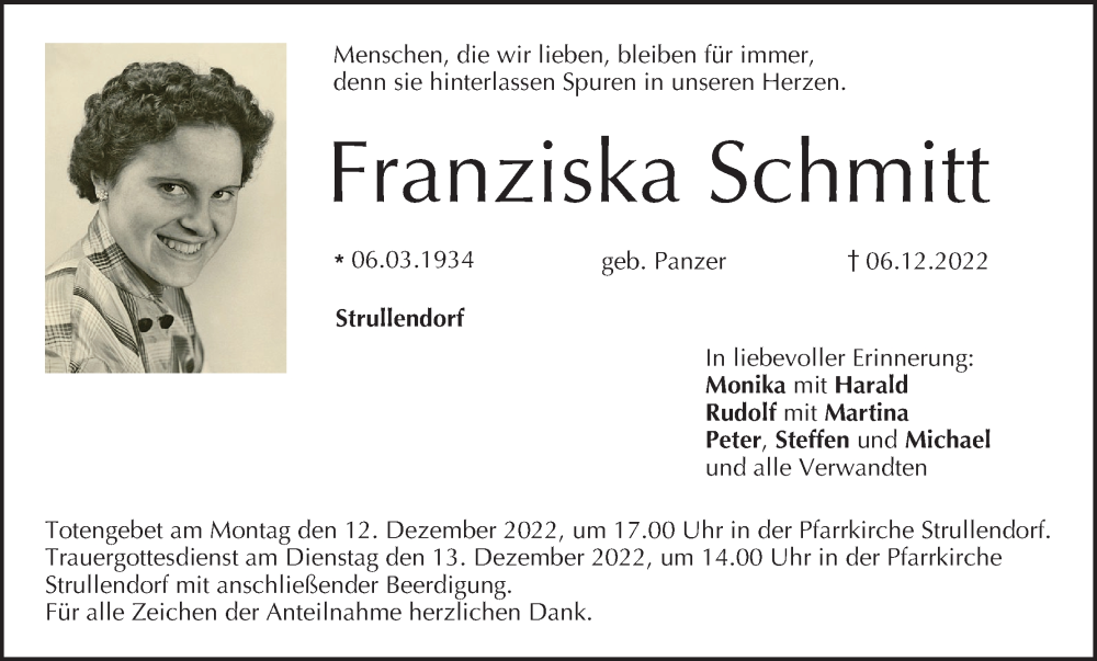  Traueranzeige für Franziska Schmitt vom 10.12.2022 aus MGO