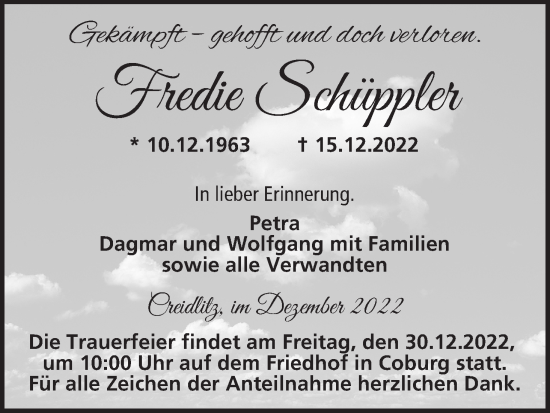 Anzeige von Fredie Schüppler von MGO