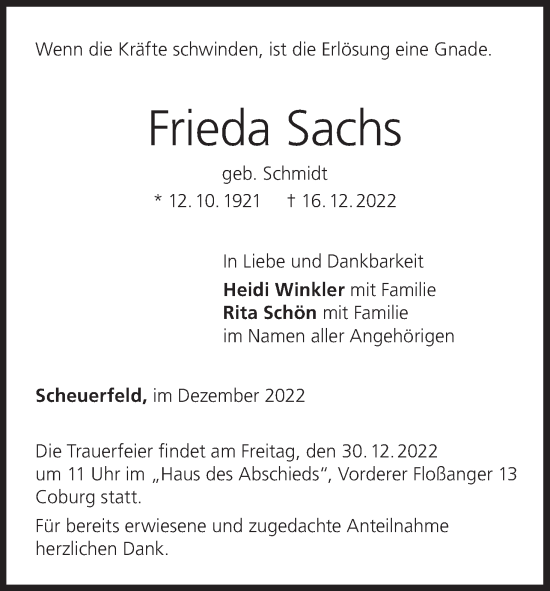 Anzeige von Frieda Sachs von MGO
