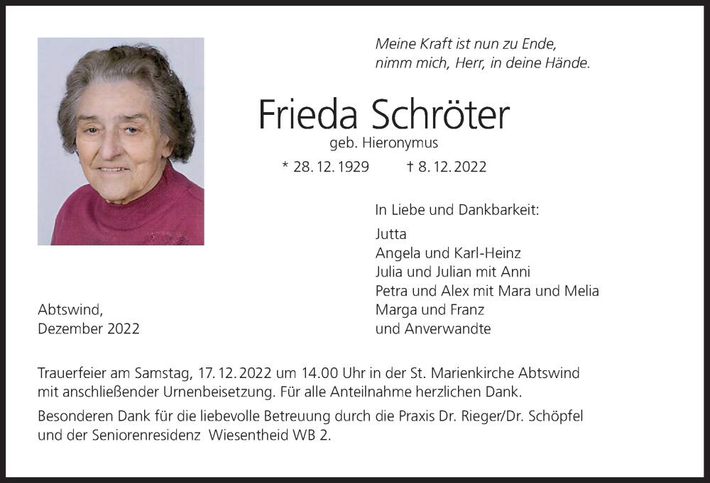  Traueranzeige für Frieda Schröter vom 15.12.2022 aus MGO