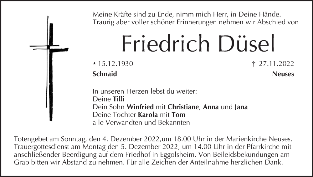  Traueranzeige für Friedrich Düsel vom 01.12.2022 aus MGO