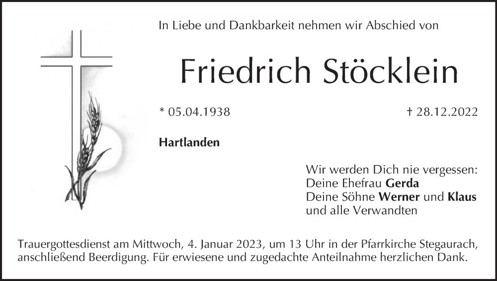  Traueranzeige für Friedrich Stöcklein vom 31.12.2022 aus MGO