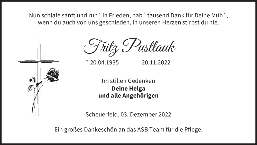  Traueranzeige für Fritz Pustlauk vom 03.12.2022 aus MGO