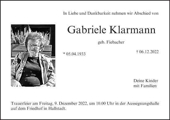 Anzeige von Gabriele Klarmann von MGO