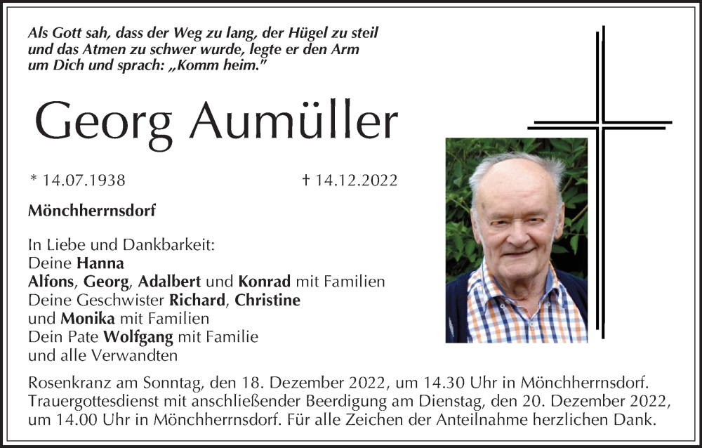  Traueranzeige für Georg Aumüller vom 16.12.2022 aus MGO