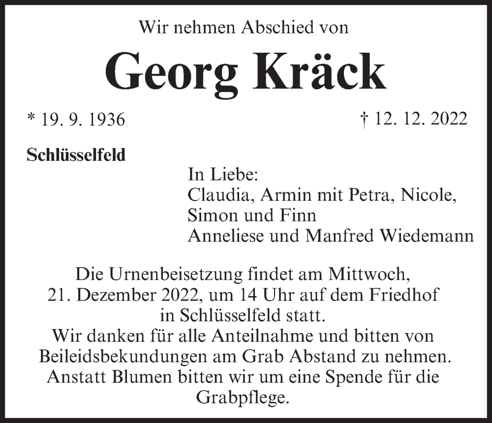  Traueranzeige für Georg Kräck vom 17.12.2022 aus MGO