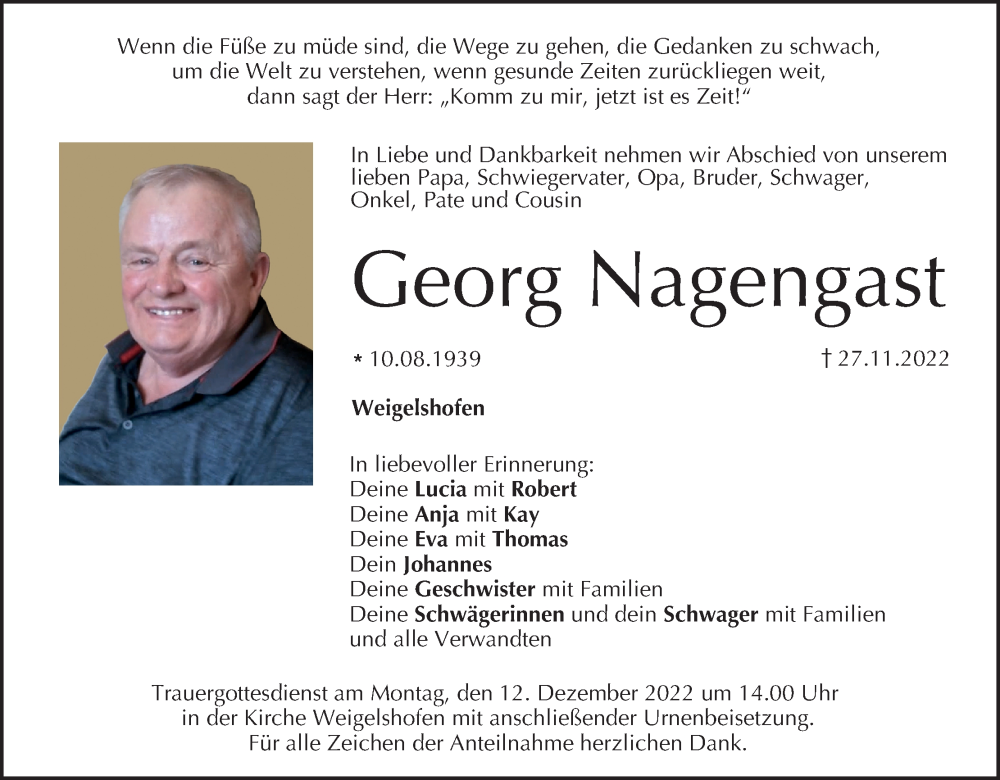  Traueranzeige für Georg Nagengast vom 09.12.2022 aus MGO