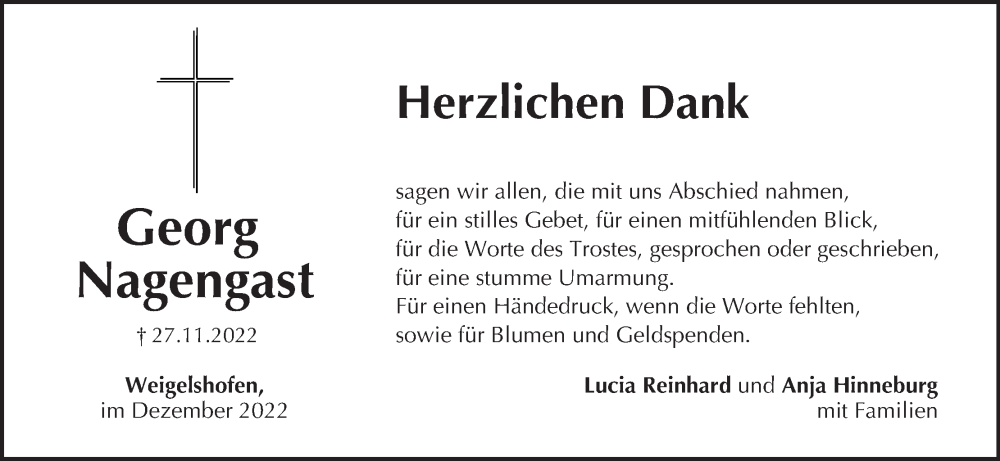  Traueranzeige für Georg Nagengast vom 24.12.2022 aus MGO