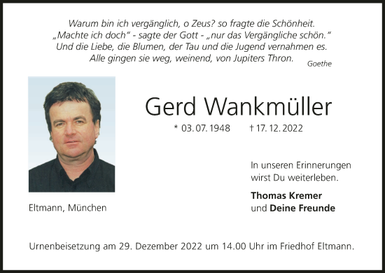Anzeige von Gerd Wankmüller von MGO