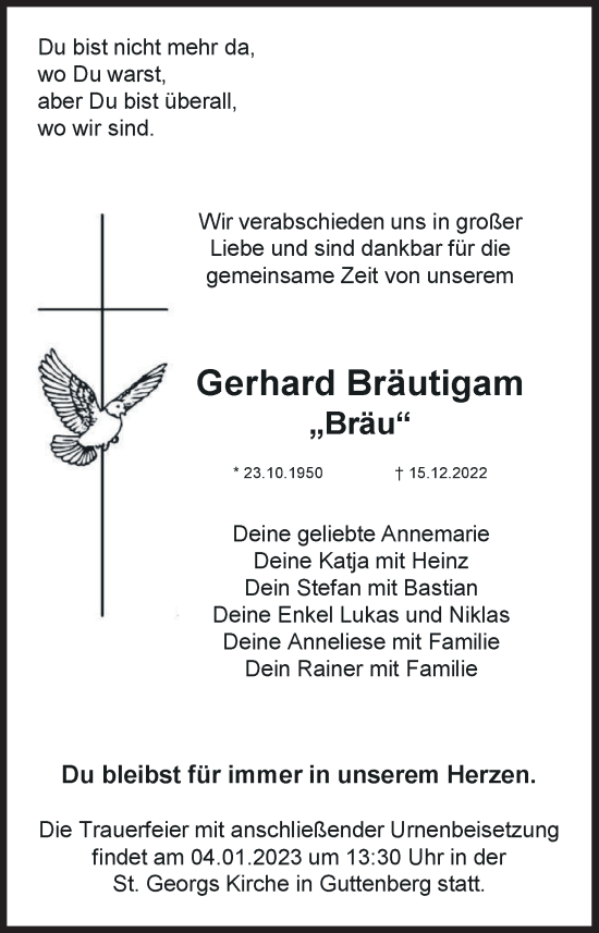 Anzeige von Gerhard Bräutigam „Bräu“ von MGO