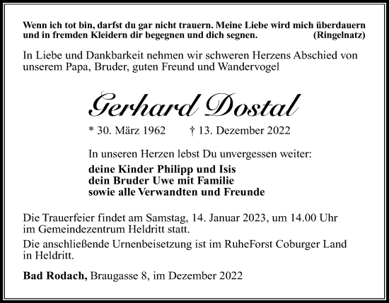 Anzeige von Gerhard Dostal von MGO