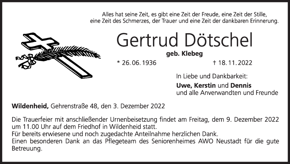  Traueranzeige für Gertrud Dötschel vom 03.12.2022 aus MGO