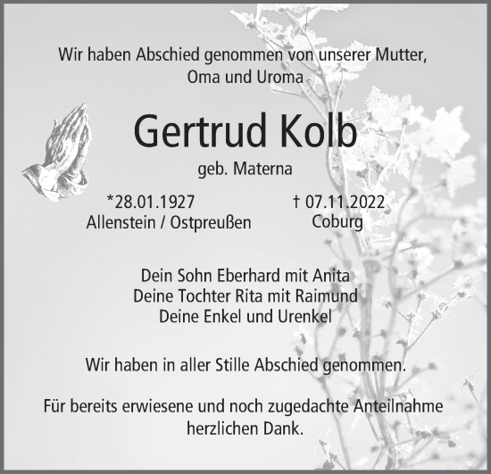 Anzeige von Gertrud Kolb von MGO