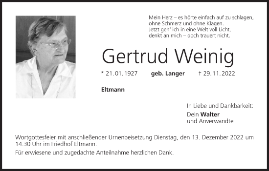 Anzeige von Gertrud Weinig von MGO