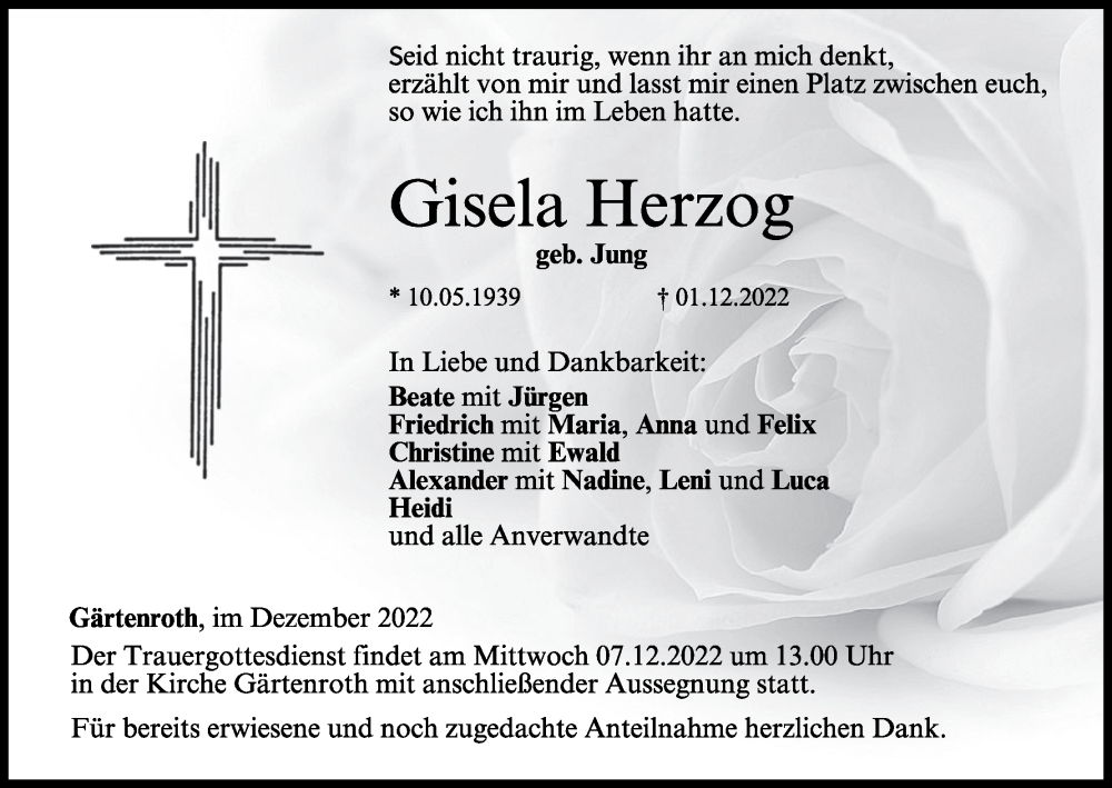  Traueranzeige für Gisela Herzog vom 06.12.2022 aus MGO